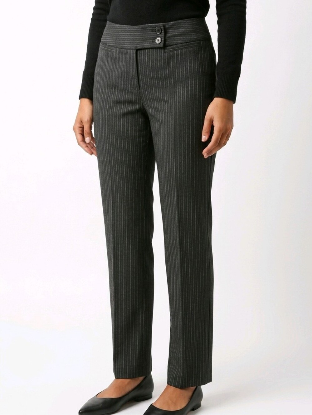 Cleo Size 12 Pinstripe Straight-Leg Dress Pants - Charcoal Gray